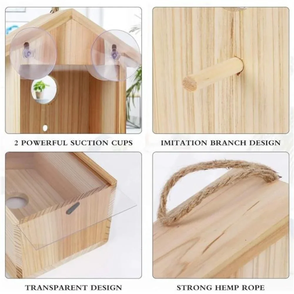 Window Bird House with Strong Suction Cup and Lanyard for Outside - See Through